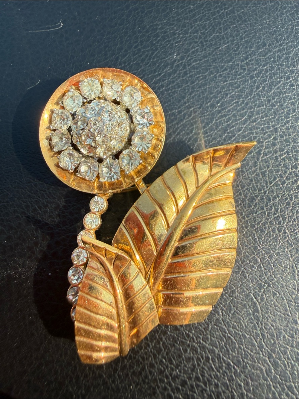 Vintage Gold-Tone Rhinestone Flower & Leaf Brooch Pin